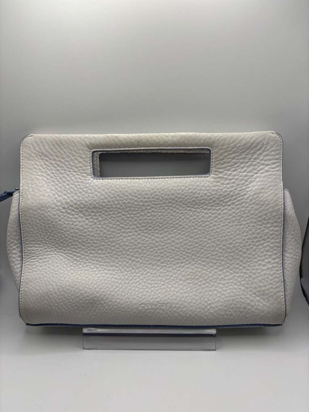 Coach White Pebbled Leather Clutch with Blue Trim